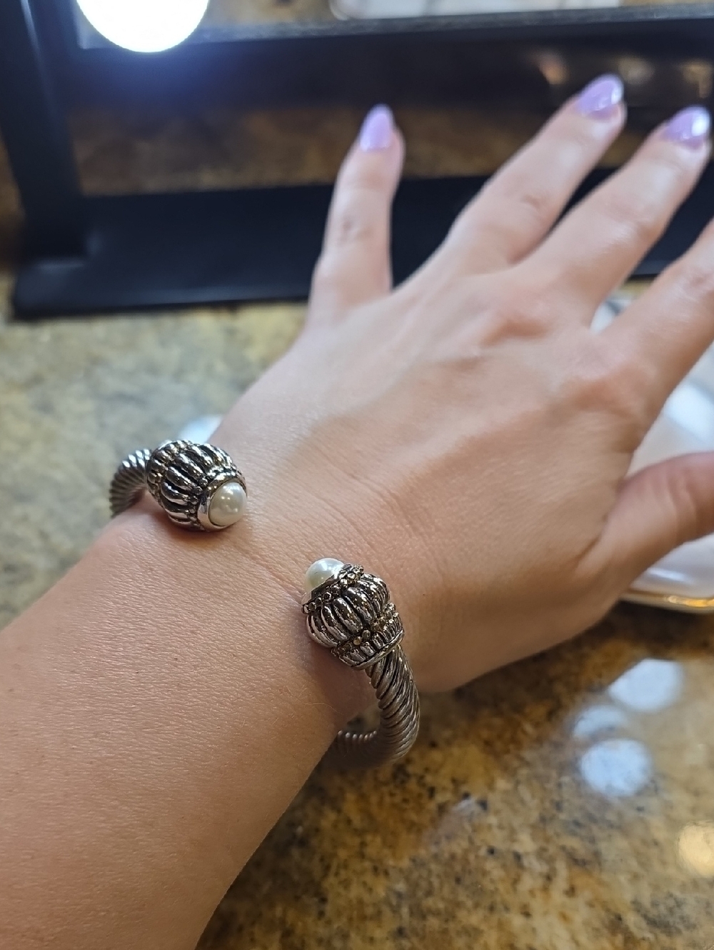 Silver-Tone Rope Cuff Bracelet with Pearl End Caps